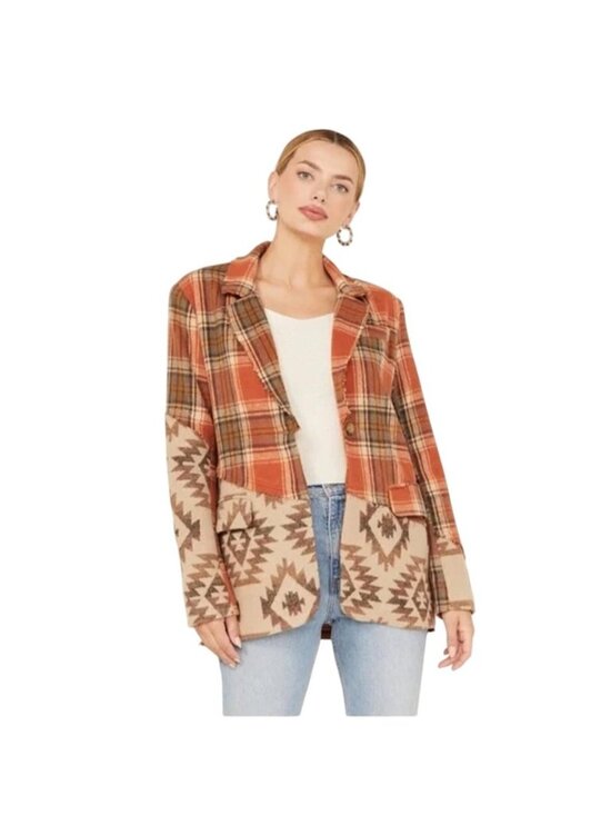 Miss Me Jackets & Blazers - Miss Me Mixed Print Plaid & Aztec Patchwork Blazer Jacket - Medium